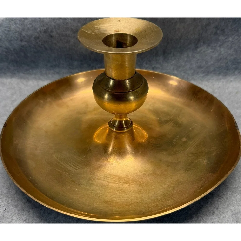 Vintage Solid Brass Chamberstick Taper Candle Holder Wide Saucer Base 8 Inch